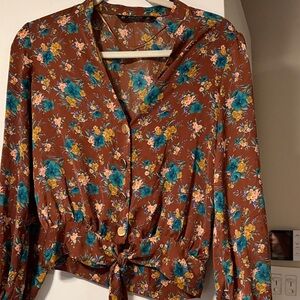 Zara Floral Blouse - Brown and Teal